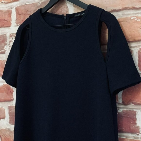 ZARA WB COLLECTION WOMEN'S NAVY BLUE STRETCHY KNIT COLD ARM ZIP UP DRESS - Picture 3 of 7